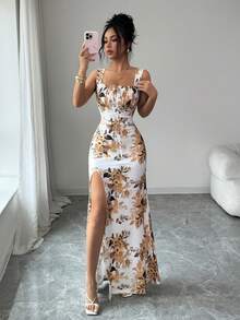 Franclia 欧美时尚方领设计系带腰身褶皱印花无袖修身性感开衩连衣裙，女士春夏连衣裙，无袖连衣裙，春季服装，夏季穿搭，度假，外出，Y2K风格，春季，夏季，返校，休闲，海滩，商务，百搭，性感，女士印花连衣裙 - 彩色 - 查看 4