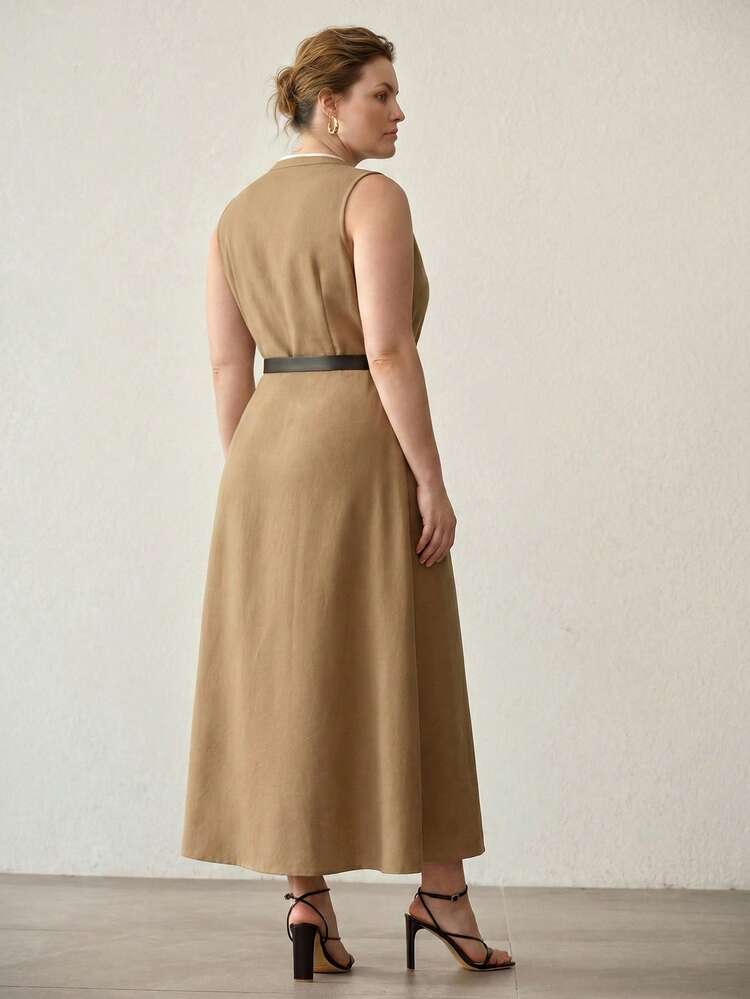 PLUS SIZE WOMEN'S CONTRAST PIPING NOTCH NECK LONG ELEGANT DRESS, SPRING/SUMMER