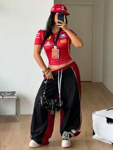 Coolane 巴西女士加大码春夏街头风酷炫篮球球衣设计字母印花黄色上衣 - 紅色 - 查看 2