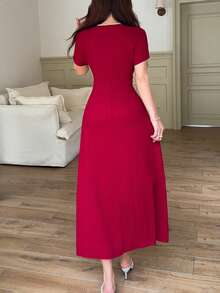 Feyla Women's Contrast Lace Short Sleeve Button Design Elegant Mid-Length Dress - Red - View 2