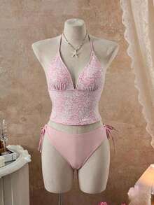 Swim Mod Bộ đồ bơi tankini đặc biệt dành cho kỳ nghỉ hè/xuân 26SS, chất liệu vải hoa phối màu tương phản, thích hợp cho kỳ nghỉ biển. - Hồng - Xem 4