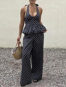 DAZY Conjunto de 2 piezas de top de tirantes con estampado de lunares y pantalones cortos de verano casual para mujer - Azul - Ver 7