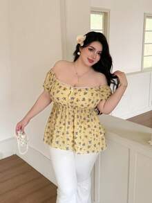 Vibekara Plus Size Spring/Summer Jacquard Floral Fabric Ruffle A-Line Lace Patchwork Short Sleeve Blouse - White - View 1