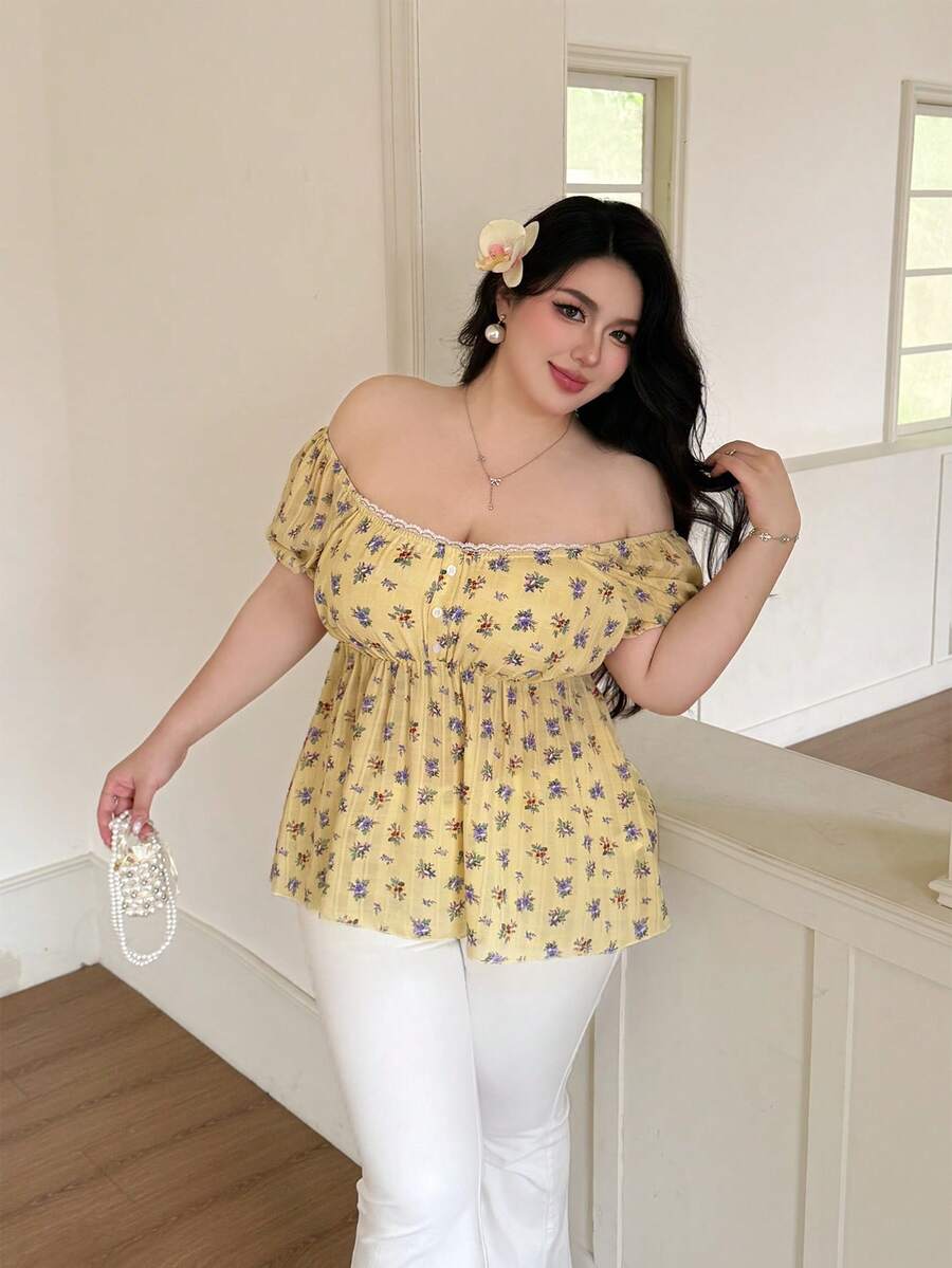 Vibekara Plus Size Spring/Summer Jacquard Floral Fabric Ruffle A-Line Lace Patchwork Short Sleeve Blouse - White - View 1