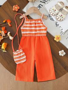 SHEIN Playful Pals 女童甜美清新雏菊装饰条纹拼接无袖连体衣套装，含包包，宽松舒适，适合日常外出、休闲旅行、家庭聚会、拍照等夏季穿着。 - 橘色 - 查看 2