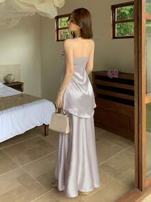 Joudiya Bộ áo quây và chân váy suông bằng vải satin mùa xuân hè, thích hợp cho đám cưới, tiệc tùng, tiệc chiêu đãi, trình diễn thời trang, công sở, thường ngày, kỳ nghỉ, trang phục công sở thanh lịch dành cho nữ. - Xám - Xem 11