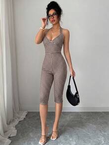 Selianne Women's Black And White Plaid Halter Jumpsuit,Slim Fit Shaping, Outdoor & Commute Summer Vintage Holiday Vacation Holiday,Casual All Seasons - Multicolor - View 4
