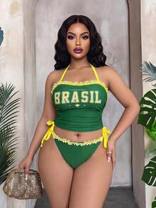 Slaydiva Plus Size Women's Patchwork Ruched Halter Tankini Top And Triangle Bottoms Swimwear Set, Suitable For Summer Vacation And Beach - Green - View 5