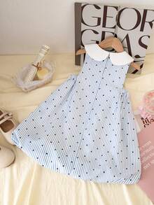 SHEIN 少女条纹波点蝴蝶结装饰休闲度假连衣裙 - 藍白色 - 查看 6