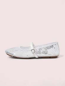 CUCCOO DOLLMOD Damenschuhe, silber-weiß, modischer Rundkappenschuh, feine Stickerei, Mary Jane Ballerinas, süß und niedlich. - Linie weiß - Übersicht 2