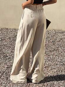 DAZY Pantalones casuales de verano para vacaciones, de pierna ancha y suelta, con pliegues, de unicolor para mujer - Albaricoque - Ver 2