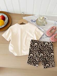SHEIN 2 piezas Conjunto de camiseta de cuello redondo a rayas y pantalones cortos de punto para niña bebé, conjunto de dos piezas para niña pequeña, conjunto de dos piezas de verano para niña bebé, conjunto a rayas para niña pequeña - Rosa Pálido - Ver 5