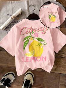 Tween Girl'Cute Summer Casual Graphic T-Shirt,Light Pink Retro Lemon Tree & Flower Print,Loose Dropped Shoulder Short Sleeve Tee For School Vacation - Multicolor - View 1