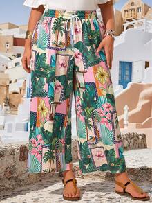 EMERY ROSE Quần ống rộng dáng suông, màu trơn, có dây rút, dành cho nữ cỡ lớn, thích hợp mặc mùa hè. - Nhiều màu - Xem 5