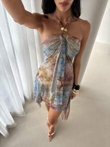 Aloruh Đầm ngắn dự tiệc gợi cảm cổ yếm nhuộm tie-dye dành cho nữ - Nhiều màu - Xem 4