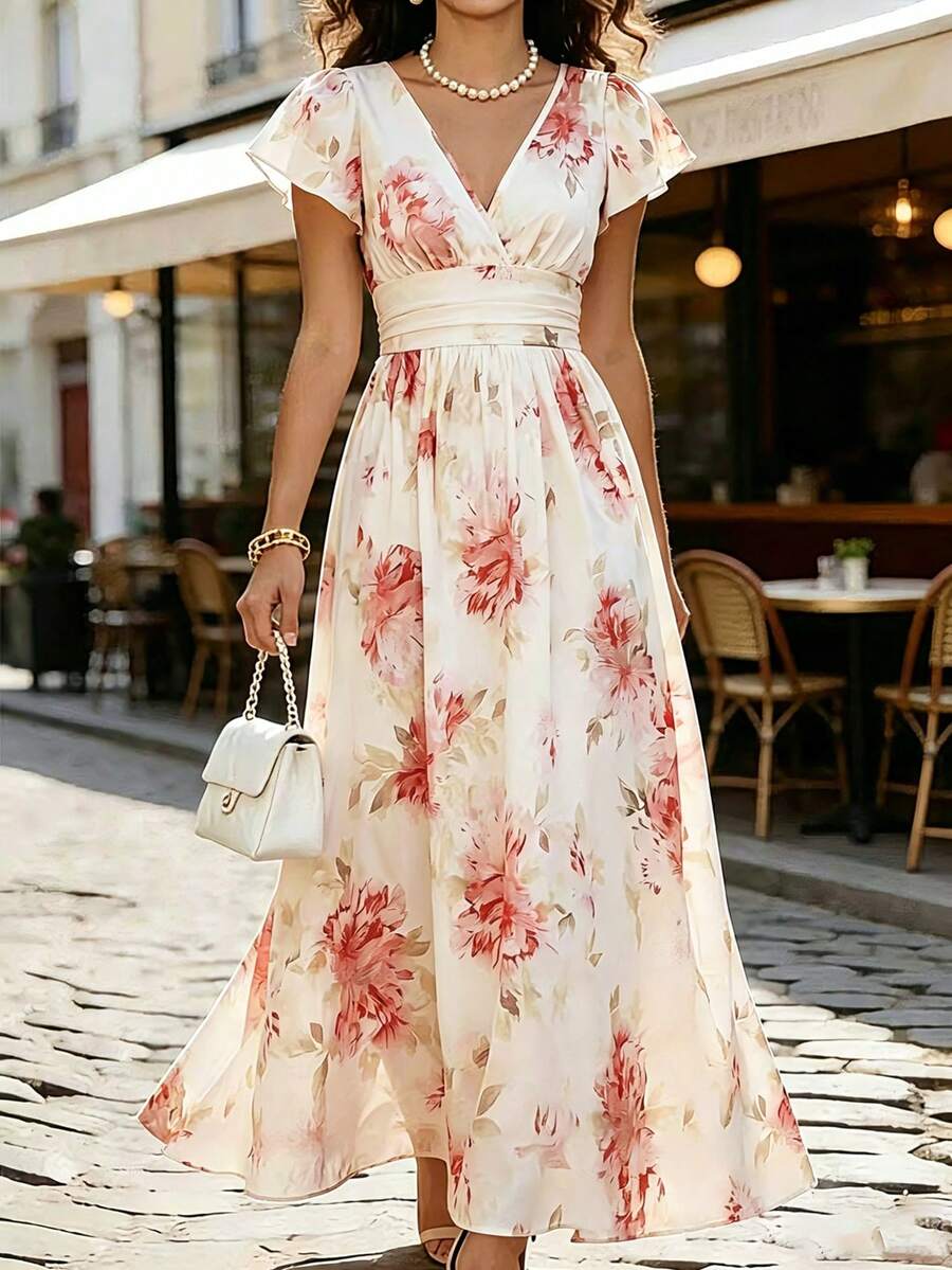 SHEIN 女士优雅印花荷叶袖迷你连衣裙 - 杏色 - 查看 1
