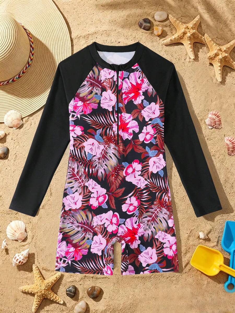 SHEIN 少女碎花长袖连体泳衣，适合海滩度假、泳池派对、沙滩派对