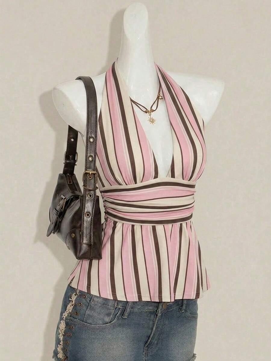 Attitoon Halter Deep V-Neck Cinched Waist A-Line Backless Camisole,Summer Top - Multicolor - View 1