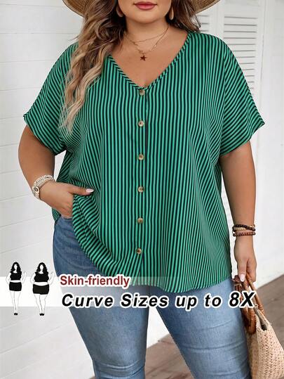 SHEIN CURVE+ Plus Size Striped Print V-Neck Front Button Casual Short Sleeve Shirtsummer/Country/Beach Vacation Outfits/Beach Outfits/Beach Wear