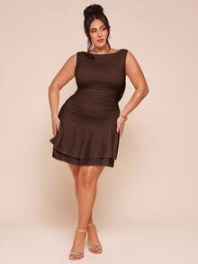 SHEIN BAE Plus Size Women Sleeveless Solid White Ruched Back Bow Decor Mini Dress - Brown - View 3