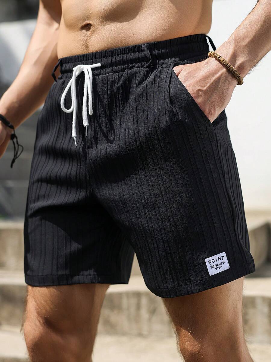 VENTUSAIL Men's Black Summer Casual Holiday Shorts,Elastic Waist Textured Pleated Drawstring Bottoms With Pockets,Streetwear Style For Beach Vacation Travel - Black - View 1