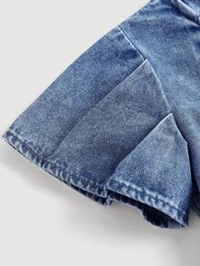 SHEIN LMoss Kids Young Girl Blue Denim Ruffle Hem Loose Dress - Dark Wash - View 5