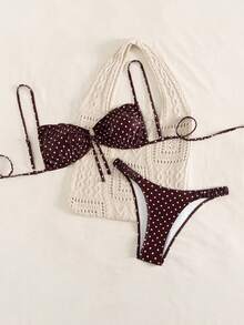 Swim Mod Polka Dot Print Bikini, Sexy Beachwear Swimwear With Adjustable Straps For Women, Spring/Summer - Brown - View 6