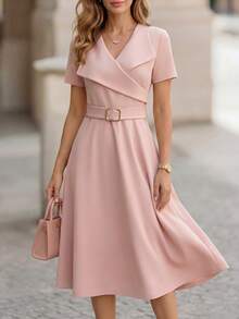 Miaspire Middle-Aged Elderly Women's Elegant Casual Solid Color Belted Commuter Summer Dress,Pink Festival Outfit,Formal Office Mother Of The Bride Outfits - Dusty Pink - View 4