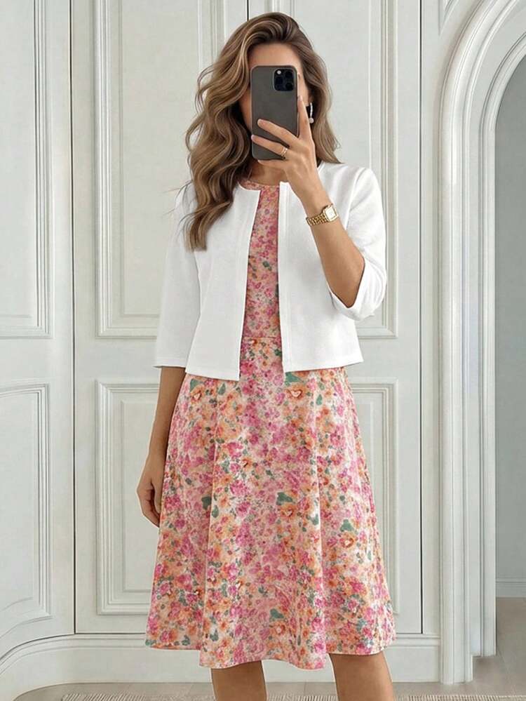 Floral Print Dress And Solid Color Cardigan Casual Outfit For Middle-Aged And Elderly Women