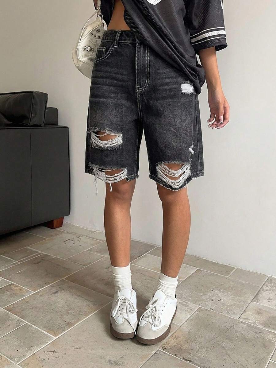 SHEIN ICON 女士休闲做旧牛仔短裤,蓝色 - 黑色 - 查看 1