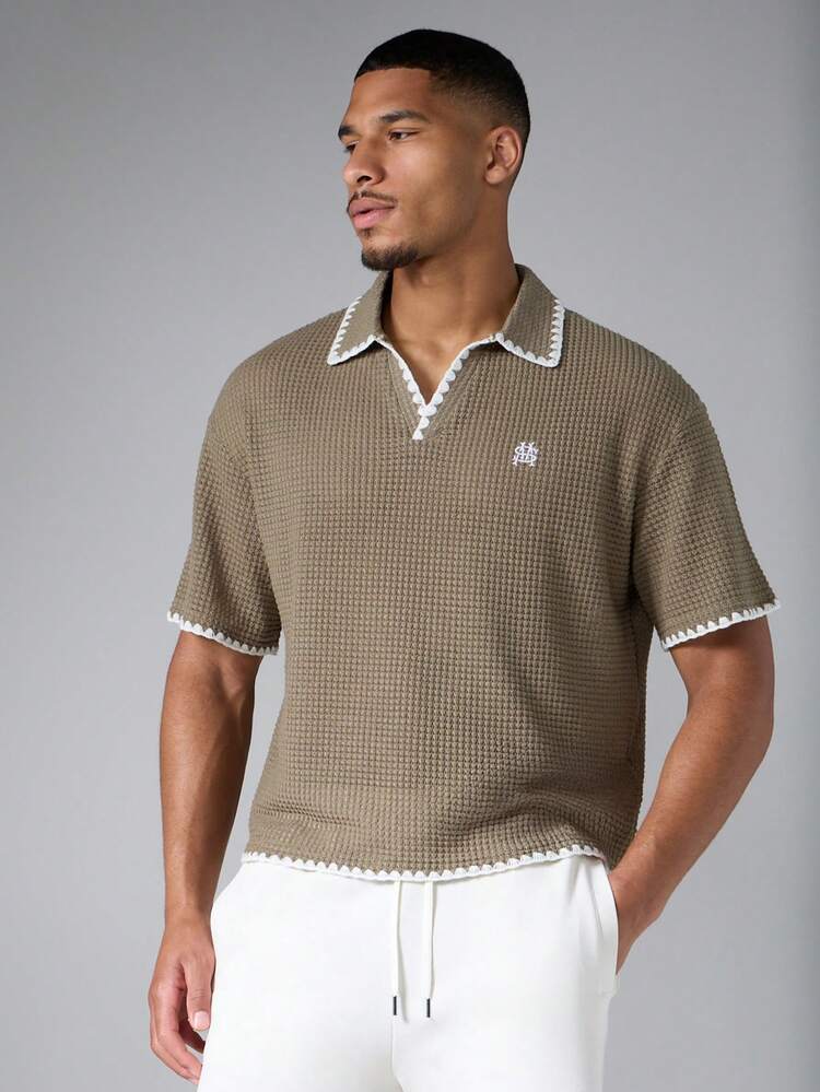 Waffle Knit Polo Shirt With Whipstitch Trim Open Collar Embroidered Logo Boxy Fit Summer Top