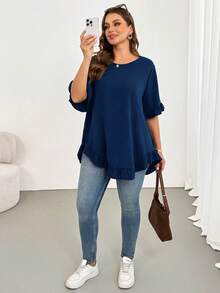 SHEIN Essnce 大码女装春夏时尚休闲宽松舒适清爽日常显瘦荷叶边短袖黑色衬衫，曲线可爱上衣，女士衬衫，夏季穿搭，外出上衣，欧洲夏季，简约风格 - 藏蓝色 - 查看 3