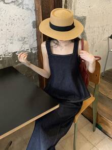 Dazy Tall Bộ đồ nữ gồm áo hai dây cổ vuông thắt eo và quần jeans ống rộng dài thoải mái, thích hợp cho phong cách thường ngày. - Rửa tối - Xem 4