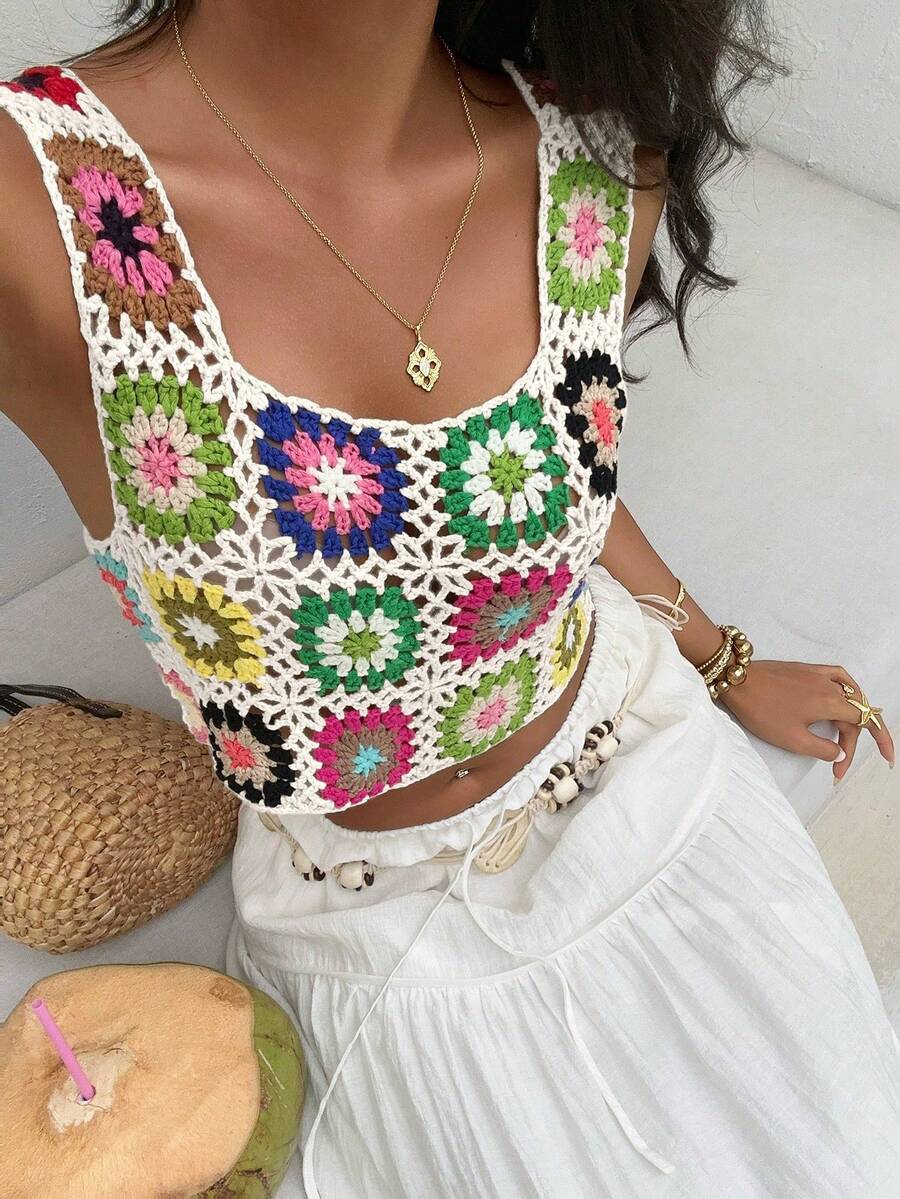 Selianne Cover Up Beach Multicolor Sleeveless Square Neck Crochet Floral Patchwork Hollow-Out Textured Women Sweater Vest Top, Spring/Summer - White - View 1