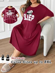 SHEIN CURVE+ 大码女式圆领字母卡通印花休闲派对连衣裙 - 酒紅色 - 查看 11