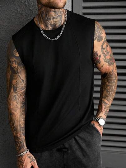 Manfinity CasualCool Men's Comfortable Solid Color Sweatshirt Fabric, Patchwork Design Round Neck Vest, Suitable For Formal Or Casual Occasions, Vacation, Dining, Office, Versatile Casual Style, Great For Self-Wear Or Gift To Friends, Popular Yamamoto Vest