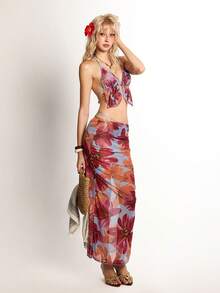 ROMWE Avant 26SS Primavera/Verão Conjunto de Maiô Bikini Halter com Estampa Floral Romântica 3 Peças, Cor Vermelho Pôr do Sol & Laranja - Verde - Visão 6