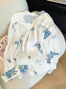 INAWLY Women's Fashion Casual Romantic Embroidered Floral Long Sleeve Button-Up Shirt - Blue - View 2