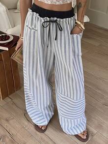 DAZY Contrast Striped Waistband 2 In 1 Drawstring Loose Wide Leg Pants, Casual Vacation Autumn Women Trousers Vacation Blue And White Striped - Blue - View 3
