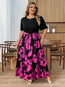 SHEIN CURVE+ Plus Size Floral Print Patchwork Casual Vacation Dress - Multicolor - View 9