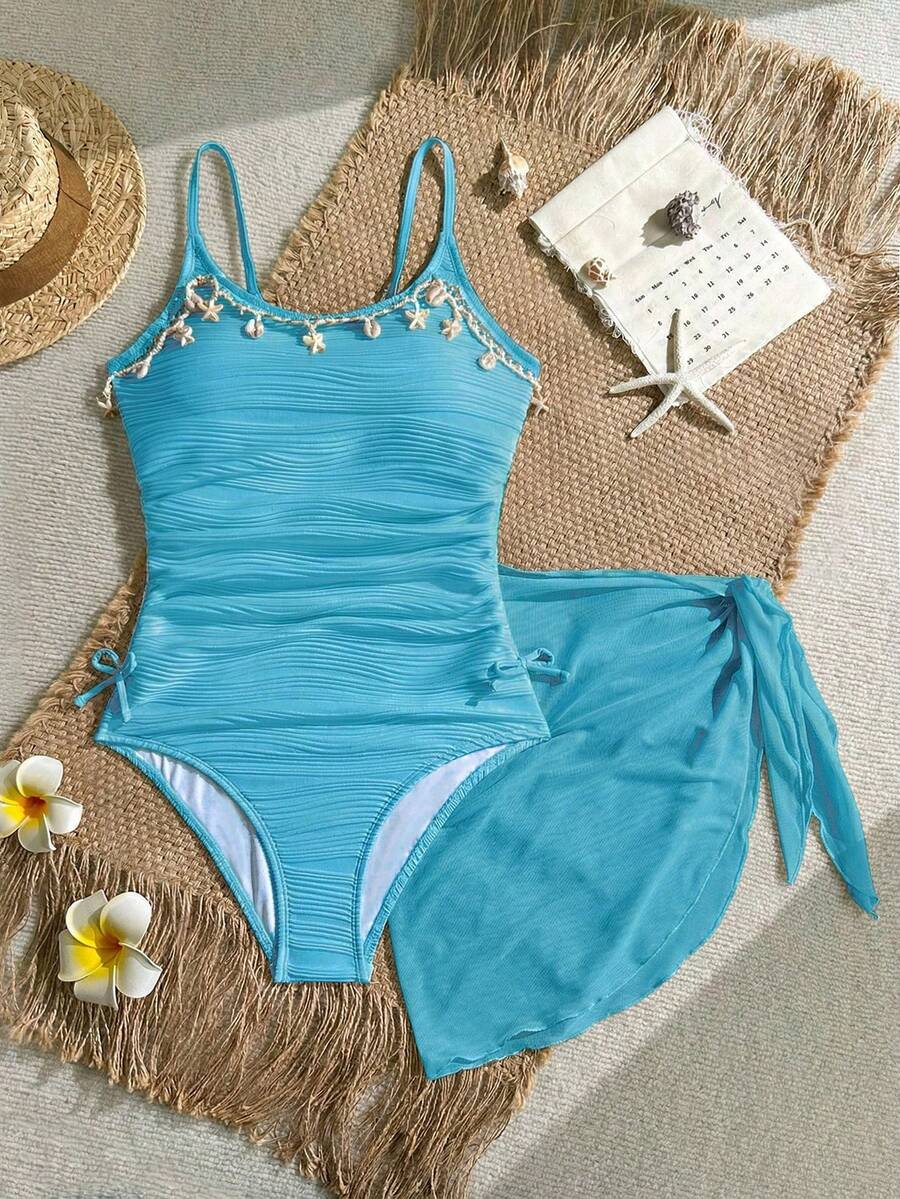 SHEIN Teen Girls Solid Color Jacquard 2 Pieces Set - Baby Blue - View 1