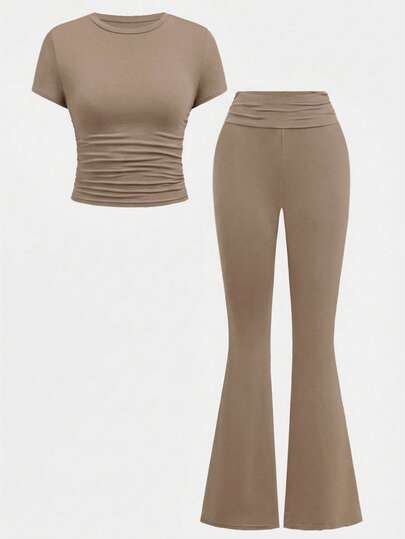 SHEIN Girlism Tween Girl Casual Fitted Light Blue Ruched Crew Neck Top And Ruched Waist Flare Pants Set