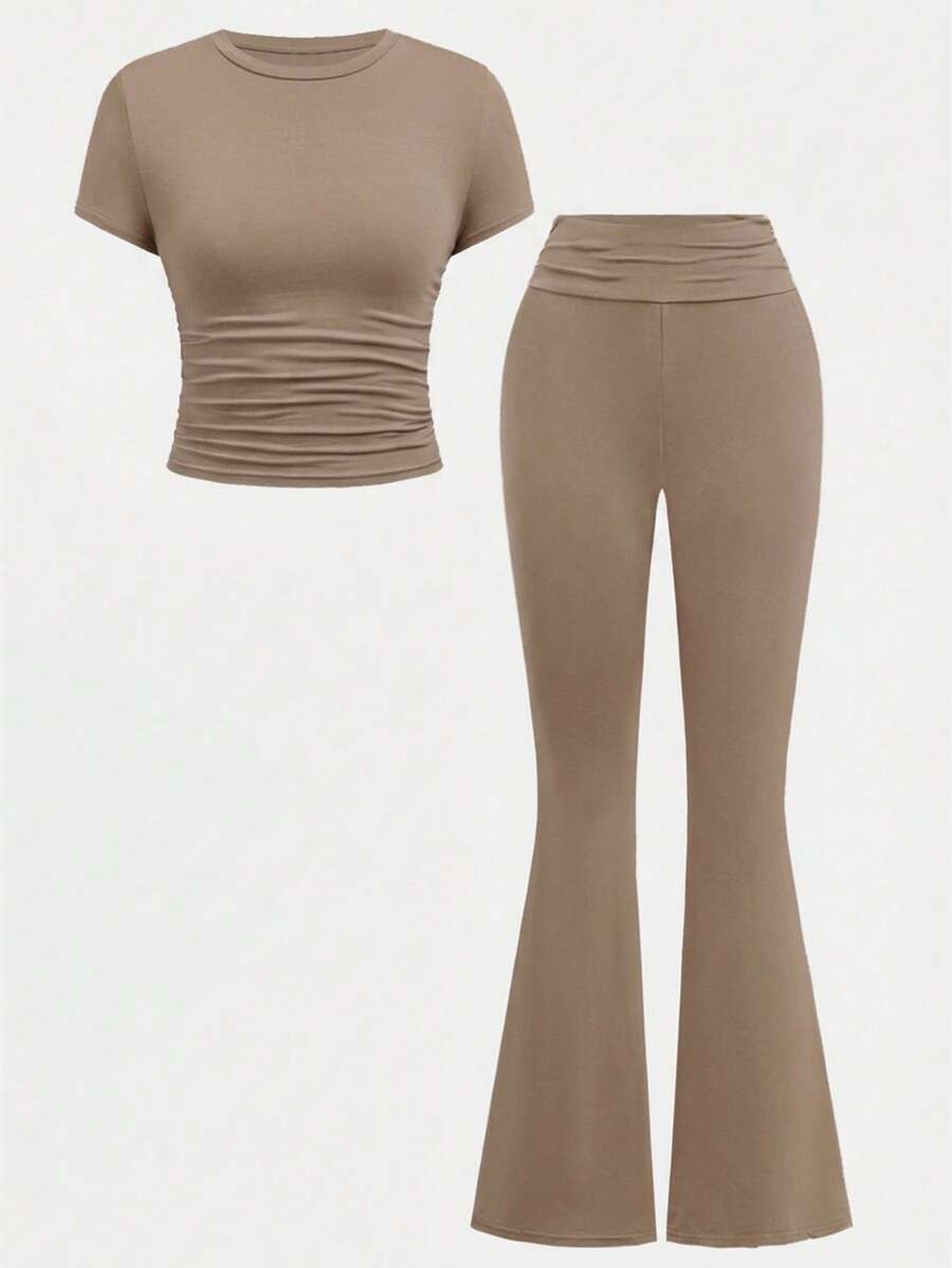 SHEIN Girlism Tween Girl Casual Fitted Light Blue Ruched Crew Neck Top And Ruched Waist Flare Pants Set - Khaki - View 1