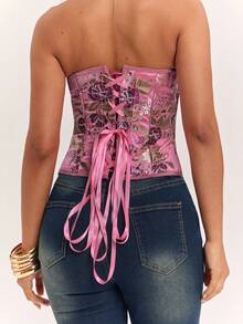 SHEIN BAE Women's Sexy Elegant Pink Floral Brocade Bustier Crop Top, Club Night Out Wear, Date Wear, Vintage Wear, Summer Wear, Bodycon, Y2K Top - Pink - View 3