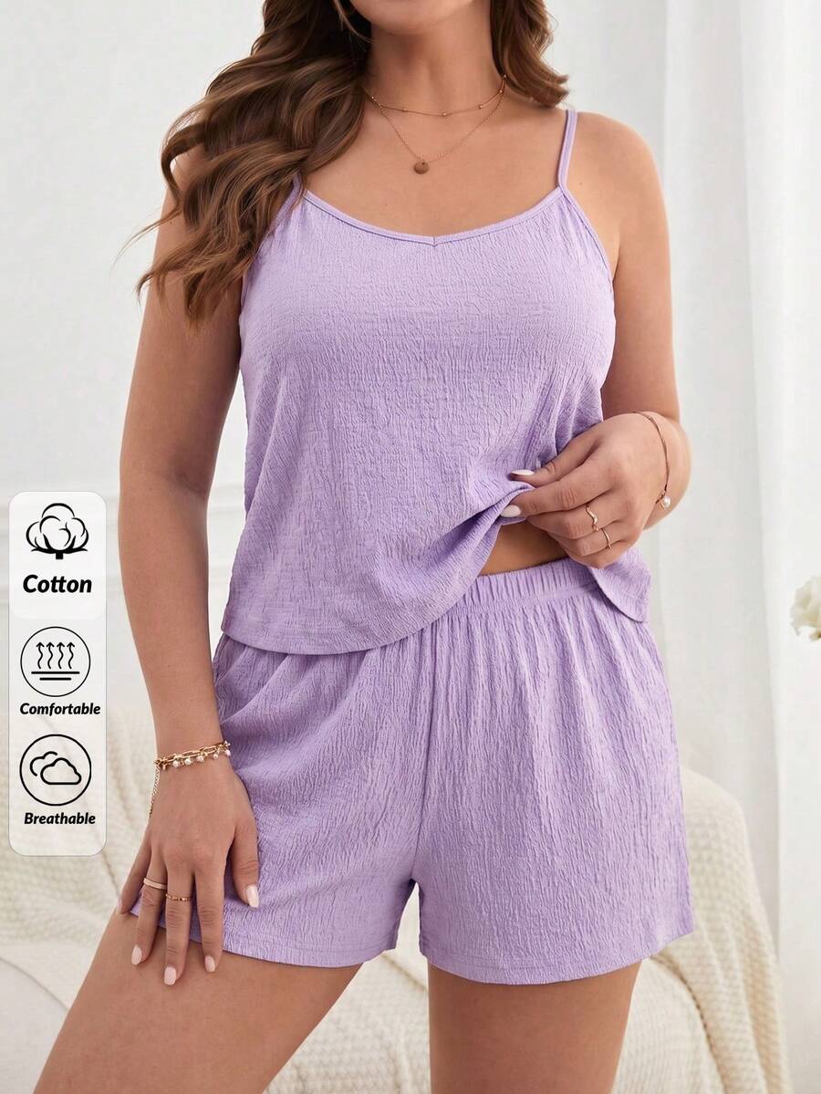 SHEIN Cotton Line Plus Women Lilac Purple Comfy Cami Top And Ruffle Trim Drawstring Waist Shorts 2Pcs Pajama Set - Lilac Purple - View 1