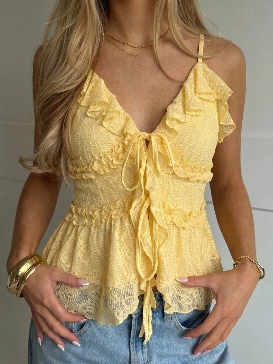 CovetEZ Áo camisole nữ màu vàng kiểu dáng thường ngày, có bèo nhún, buộc dây phía trước. - Màu vàng - Xem 1