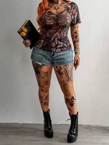 Whyspr Plus Size Punk Floral Print Sheer Blouse, Spring/Summer - Multicolor - View 3