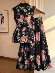 GlowEve CURVE Plus Size Women's Commuter Chic Elegant, Floral Print, Sleeveless Tie-Waist, 2-Piece Skirt Set Wedding Guest Black And White Summer - Black - View 2