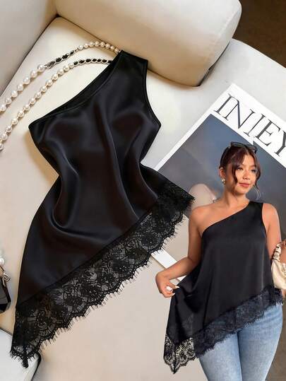 Airaco Plus Size Summer New Women's Top, Asymmetric Hem Lace Trim, Black One-Shoulder Top, Luxurious Lace Trim Fitted Asymmetric Shoulder Top, Sexy Sleeveless Top, Suitable For Party, Date, Cocktail, Formal And Business Casual Occasions, Women Beach Wear