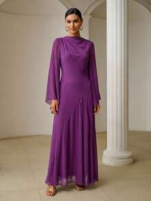 ZEYLAH Fitted Asymmetric Oversized Sleeve Long Dress, Spring - Purple - View 5